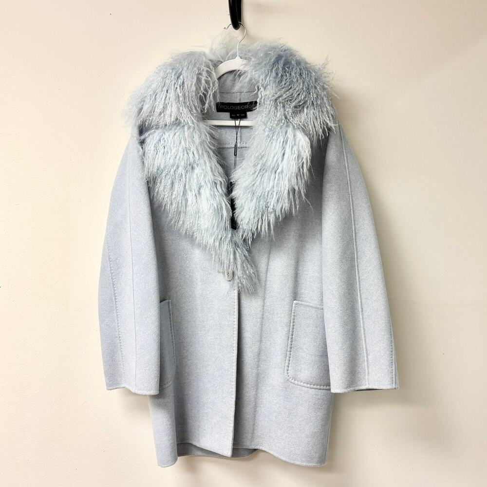 NWT Pologeorgis Long Sleeve Trim Single Breasted Coat Light Blue Women's Size M